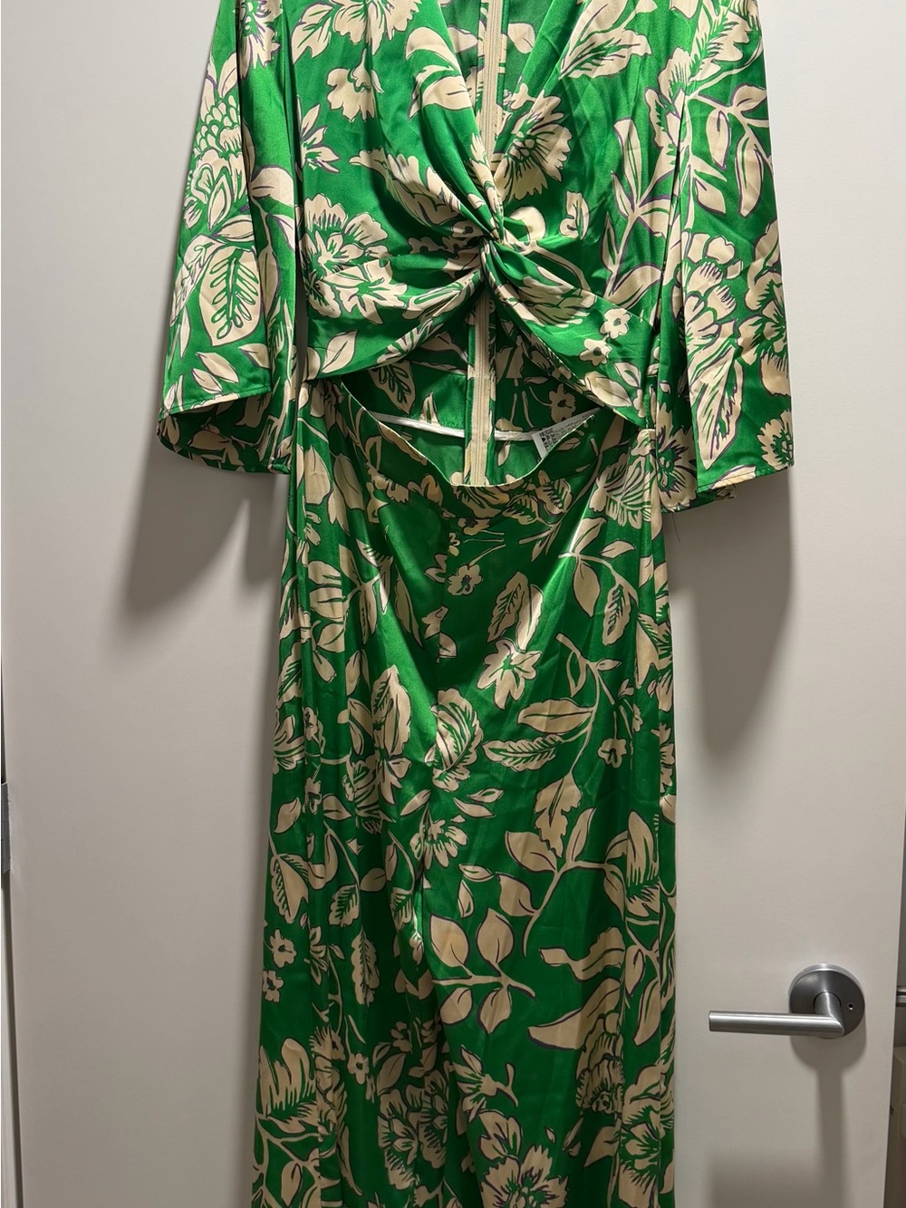 Zara Green and Cream Floral Twist-Front Maxi Dress